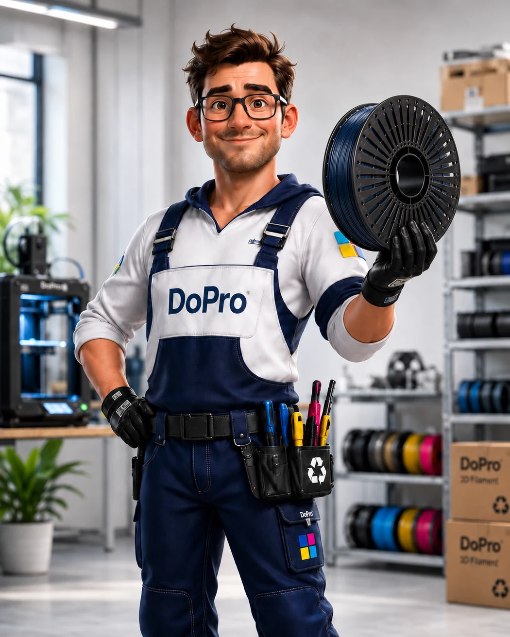 DoPro Man mit DoPro-3D-Wechselspule und blauem Filament