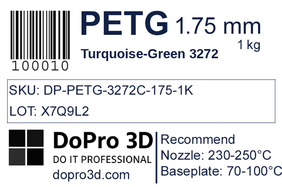 Technisches Typenschild / Label zu DoPro PETG Turquoise-green 3272 – Nexyl Class – 1,75 mm – 1,0 kg
