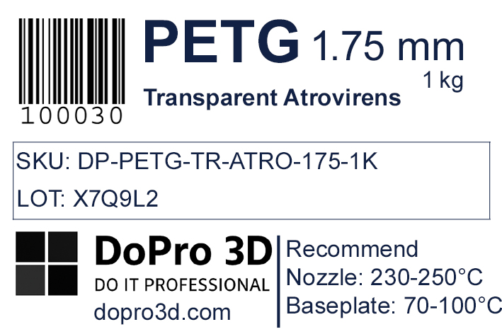 Technisches Typenschild / Label zu DoPro PETG Transparent Atrovirens Green – Nexyl Class – 1,75 mm – 1,0 kg