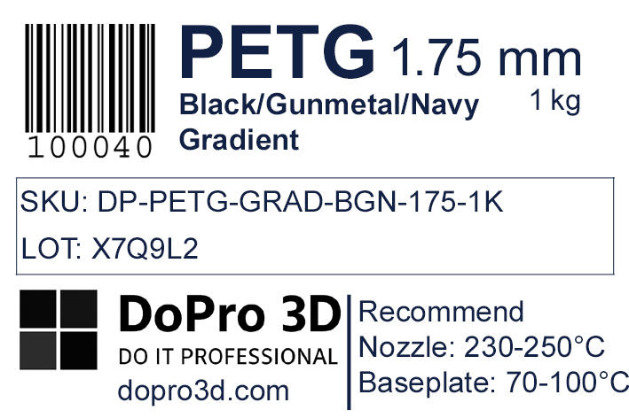 Technisches Typenschild / Label zu DoPro PETG Black Gunmetal Navy Gradient – Nexyl Class – 1,75 mm – 1,0 kg