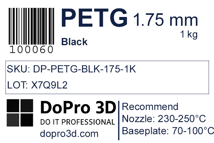 Technisches Typenschild / Label zu DoPro PETG Midnight Black – Nexyl Class – 1,75 mm – 1,0 kg
