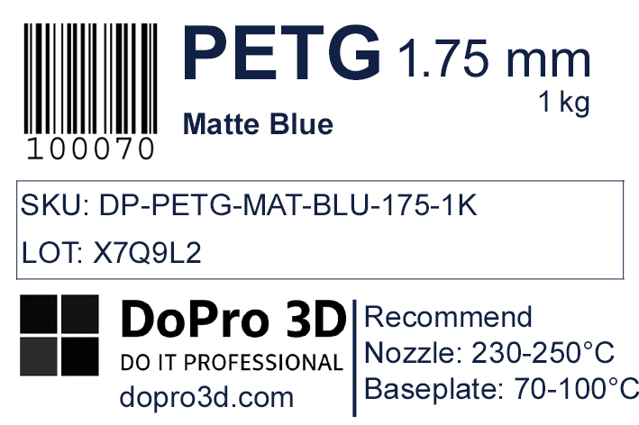 Technisches Typenschild / Label zu DoPro PETG Matte Ocean Blue – Nexyl Class – 1,75 mm – 1,0 kg