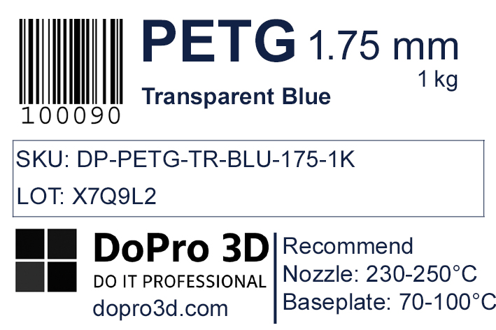 Technisches Typenschild / Label zu DoPro PETG Transparent Blue – Nexyl Class – 1,75 mm – 1,0 kg