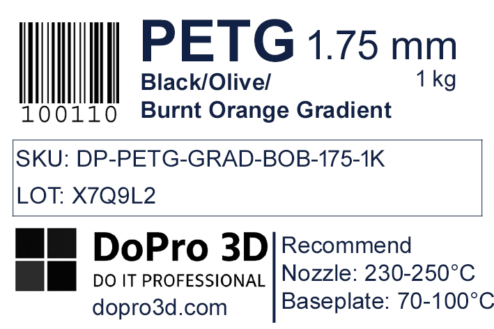 Technisches Typenschild / Label zu DoPro PETG Black Olive Burnt Orange Gradient – Nexyl Class – 1,75 mm – 1,0 kg