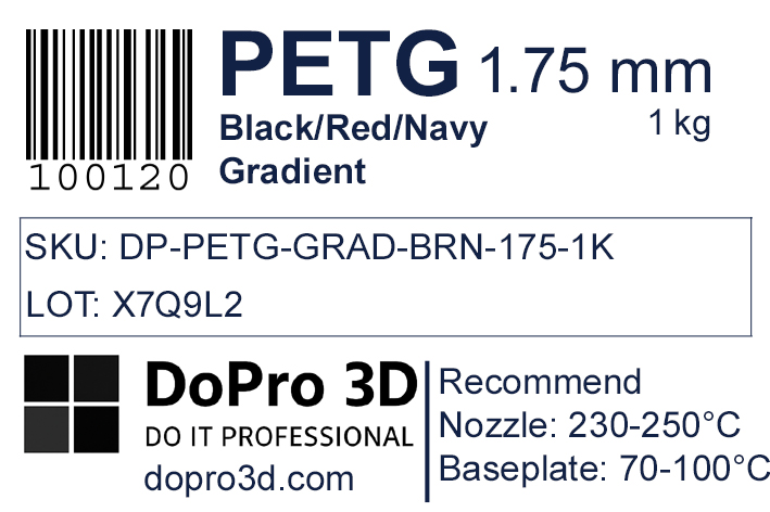 Technisches Typenschild / Label zu DoPro PETG Black Red Navy Gradient – Nexyl Class – 1,75 mm – 1,0 kg