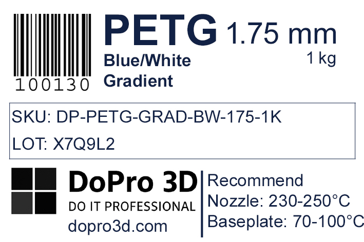 Technisches Typenschild / Label zu DoPro PETG Sky Blue White Gradient – Nexyl Class – 1,75 mm – 1,0 kg