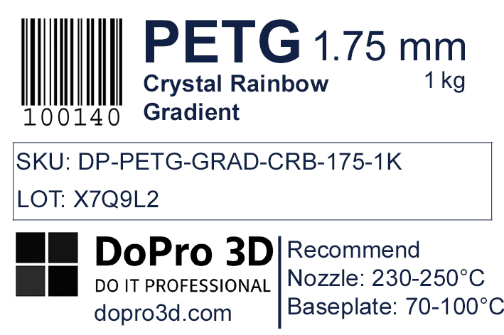 Technisches Typenschild / Label zu DoPro PETG Crystal Rainbow Gradient – Nexyl Class – 1,75 mm – 1,0 kg