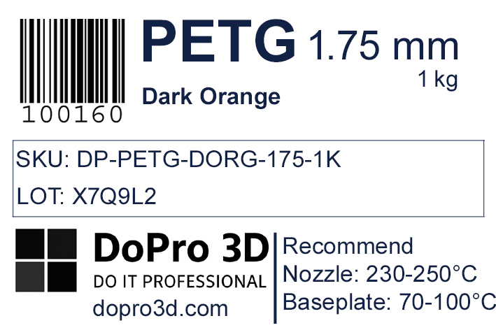 Technisches Typenschild / Label zu DoPro PETG Dark Orange – Nexyl Class – 1,75 mm – 1,0 kg
