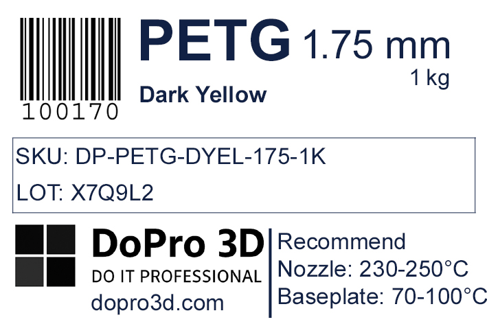 Technisches Typenschild / Label zu DoPro PETG Dark Yellow – Nexyl Class – 1,75 mm – 1,0 kg