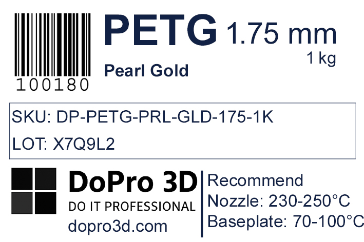 Technisches Typenschild / Label zu DoPro PETG Pearl Gold – Nexyl Class – 1,75 mm – 1,0 kg