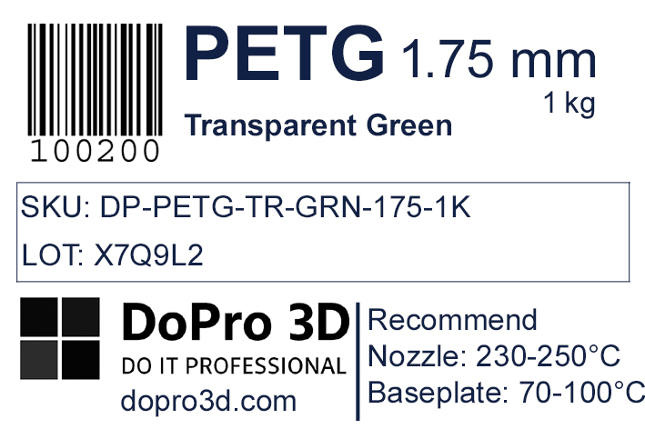 Technisches Typenschild / Label zu DoPro PETG Transparent Green – Nexyl Class – 1,75 mm – 1,0 kg