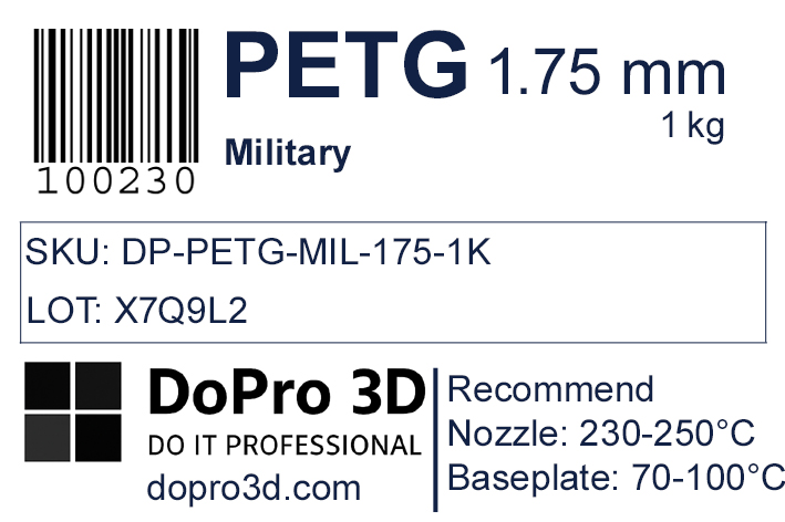 Technisches Typenschild / Label zu DoPro PETG Military Olive – Nexyl Class – 1,75 mm – 1,0 kg