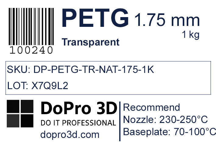 Technisches Typenschild / Label zu DoPro PETG Transparent – Nexyl Class – 1,75 mm – 1,0 kg