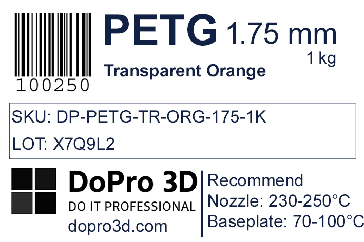 Technisches Typenschild / Label zu DoPro PETG Transparent Orange – Nexyl Class – 1,75 mm – 1,0 kg
