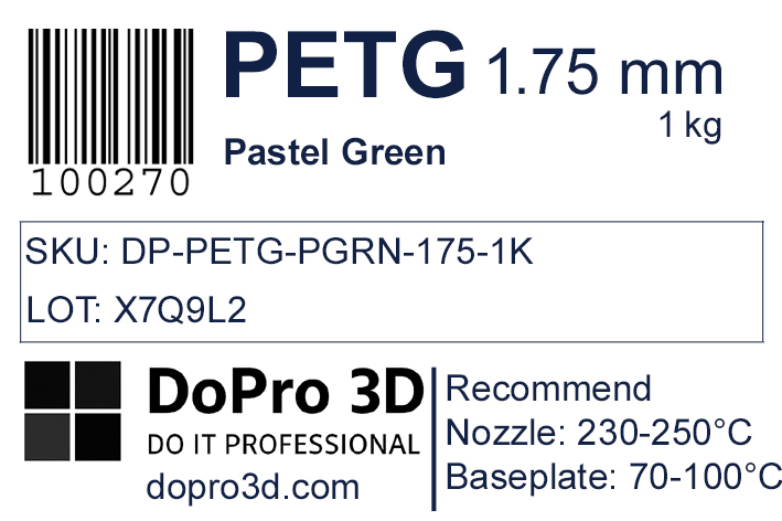 Technisches Typenschild / Label zu DoPro PETG Pastel Mint Green – Nexyl Class – 1,75 mm – 1,0 kg