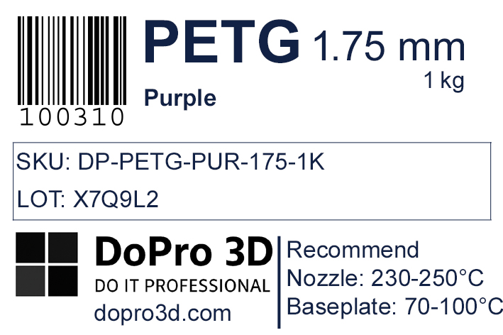 Technisches Typenschild / Label zu DoPro PETG Royal Purple – Nexyl Class – 1,75 mm – 1,0 kg