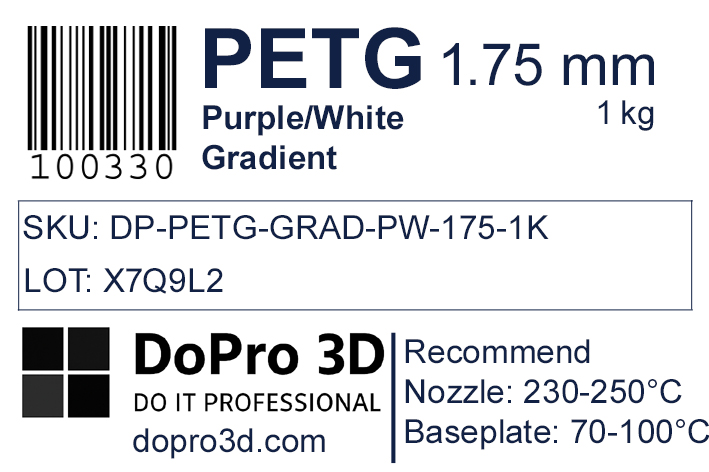 Technisches Typenschild / Label zu DoPro PETG Dual Purple White Gradient – Nexyl Class – 1,75 mm – 1,0 kg