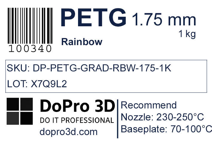 Technisches Typenschild / Label zu DoPro PETG Aurora Rainbow – Nexyl Class – 1,75 mm – 1,0 kg