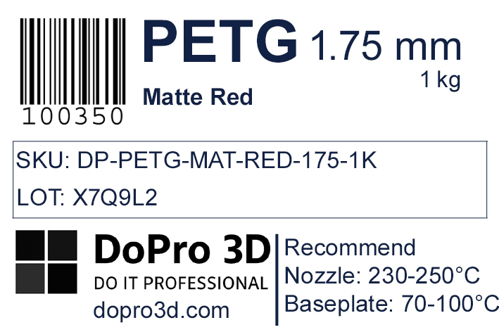 Technisches Typenschild / Label zu DoPro PETG Matte Signal Red – Nexyl Class – 1,75 mm – 1,0 kg
