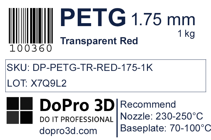Technisches Typenschild / Label zu DoPro PETG Transparent Red – Nexyl Class – 1,75 mm – 1,0 kg