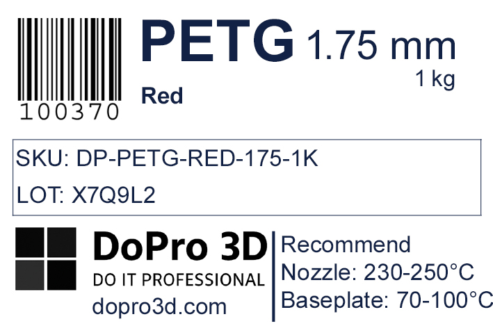 Technisches Typenschild / Label zu DoPro PETG Signal Red – Nexyl Class – 1,75 mm – 1,0 kg