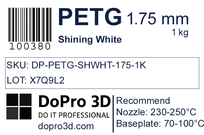 Technisches Typenschild / Label zu DoPro PETG Shining White – Nexyl Class – 1,75 mm – 1,0 kg