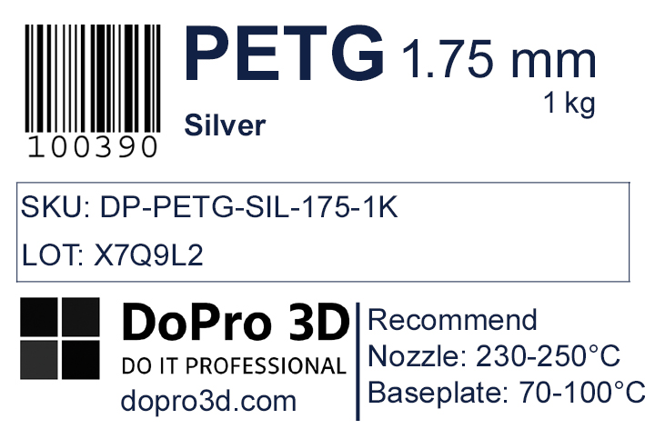 Technisches Typenschild / Label zu DoPro PETG Metallic Silver – Nexyl Class – 1,75 mm – 1,0 kg