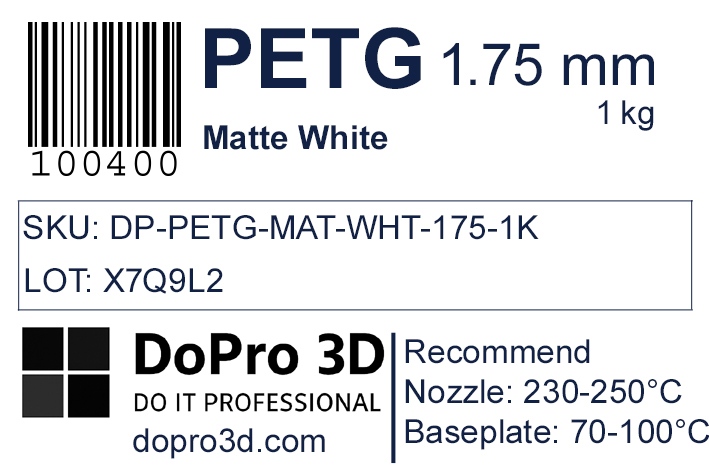 Technisches Typenschild / Label zu DoPro PETG Matte Arctic White – Nexyl Class – 1,75 mm – 1,0 kg