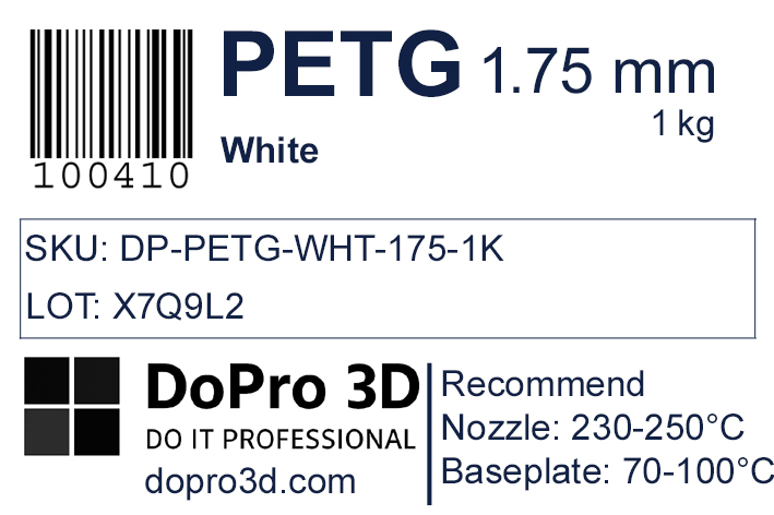 Technisches Typenschild / Label zu DoPro PETG Arctic White – Nexyl Class – 1,75 mm – 1,0 kg