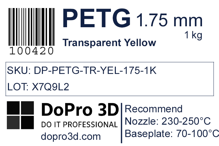 Technisches Typenschild / Label zu DoPro PETG Transparent Yellow – Nexyl Class – 1,75 mm – 1,0 kg
