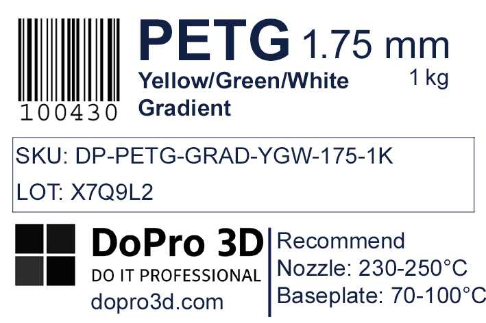 Technisches Typenschild / Label zu DoPro PETG Lime Yellow Green White Gradient – Nexyl Class – 1,75 mm – 1,0 kg
