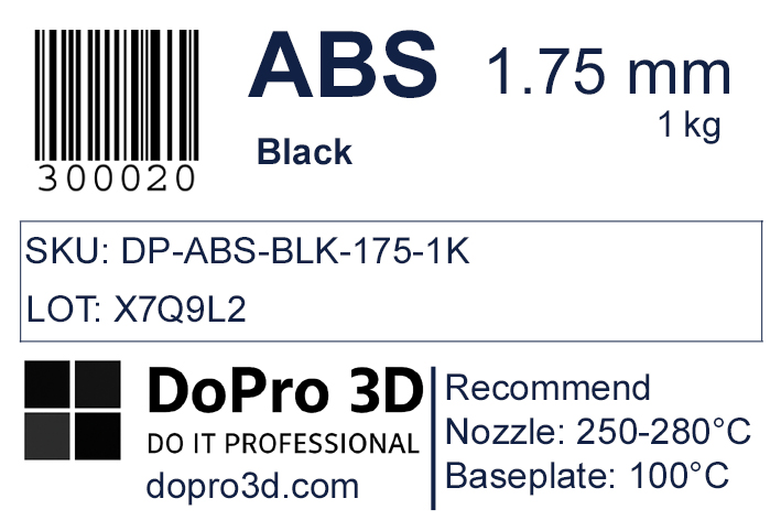 Technisches Typenschild / Label zu DoPro ABS Midnight Black – Nexyl Class – 1,75 mm – 1,0 kg