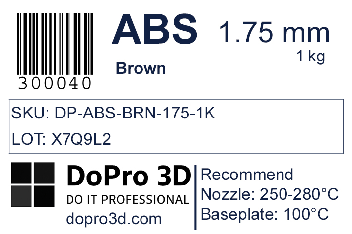 Technisches Typenschild / Label zu DoPro ABS Chocolate Brown – Nexyl Class – 1,75 mm – 1,0 kg