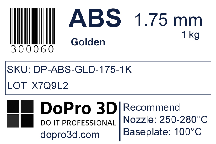 Technisches Typenschild / Label zu DoPro ABS Metallic Gold – Nexyl Class – 1,75 mm – 1,0 kg