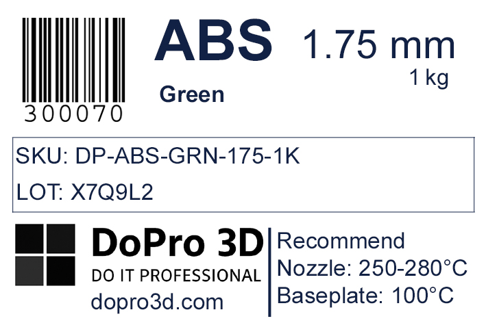 Technisches Typenschild / Label zu DoPro ABS Classic Green – Nexyl Class – 1,75 mm – 1,0 kg