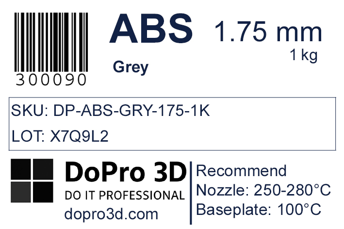 Technisches Typenschild / Label zu DoPro ABS Graphite Grey – Nexyl Class – 1,75 mm – 1,0 kg