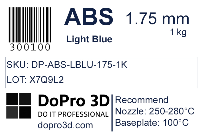 Technisches Typenschild / Label zu DoPro ABS Sky Light Blue – Nexyl Class – 1,75 mm – 1,0 kg