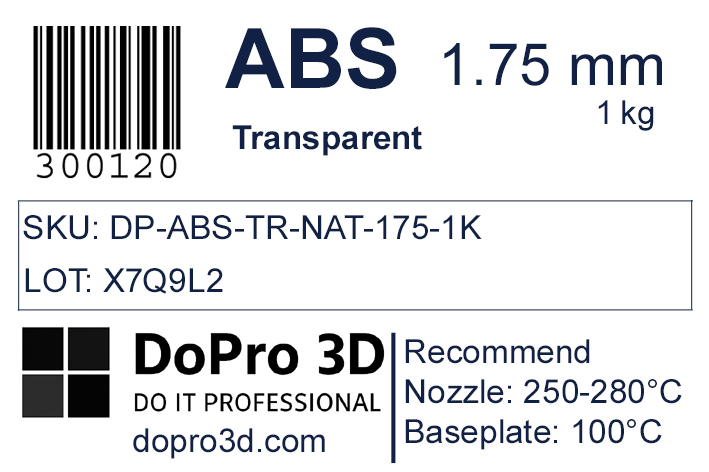 Technisches Typenschild / Label zu DoPro ABS Crystal Clear – Nexyl Class – 1,75 mm – 1,0 kg