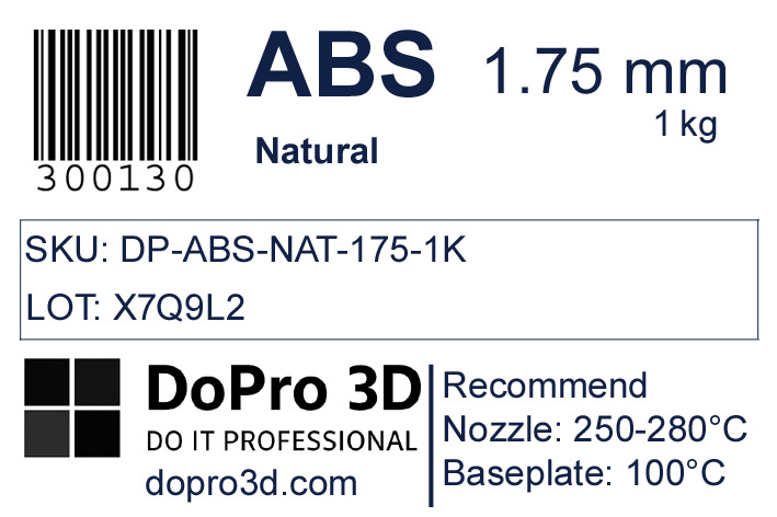 Technisches Typenschild / Label zu DoPro ABS Natural Clear – Nexyl Class – 1,75 mm – 1,0 kg
