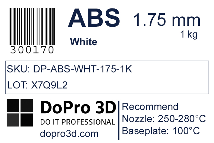 Technisches Typenschild / Label zu DoPro ABS Arctic White – Nexyl Class – 1,75 mm – 1,0 kg