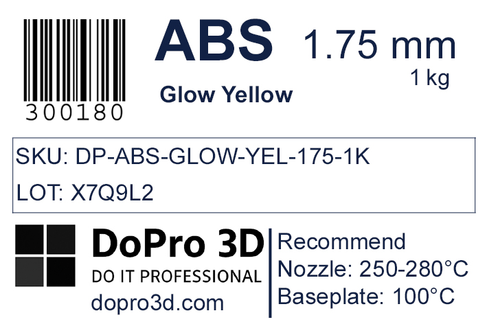 Technisches Typenschild / Label zu DoPro ABS Glow Neon Yellow – Nexyl Class – 1,75 mm – 1,0 kg