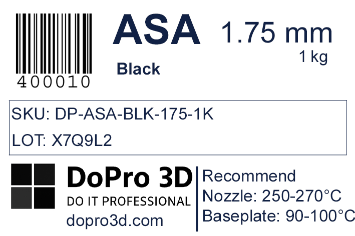 Technisches Typenschild / Label zu DoPro ASA Midnight Black – Nexyl Class – 1,75 mm – 1,0 kg