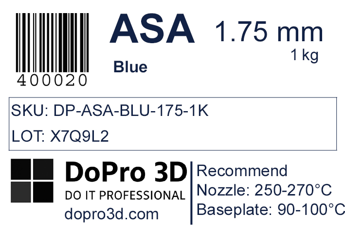 Technisches Typenschild / Label zu DoPro ASA Ocean Blue – Nexyl Class – 1,75 mm – 1,0 kg
