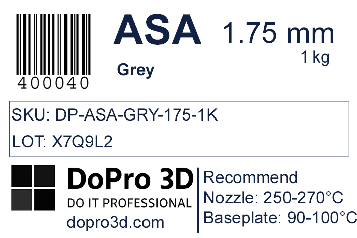Technisches Typenschild / Label zu DoPro ASA Graphite Grey – Nexyl Class – 1,75 mm – 1,0 kg