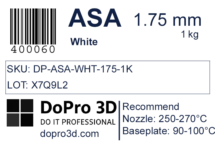 Technisches Typenschild / Label zu DoPro ASA Arctic White – Nexyl Class – 1,75 mm – 1,0 kg