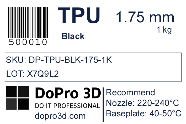 Technisches Typenschild / Label zu DoPro TPU 95A Midnight Black – Nexyl Class – 1,75 mm – 1,0 kg