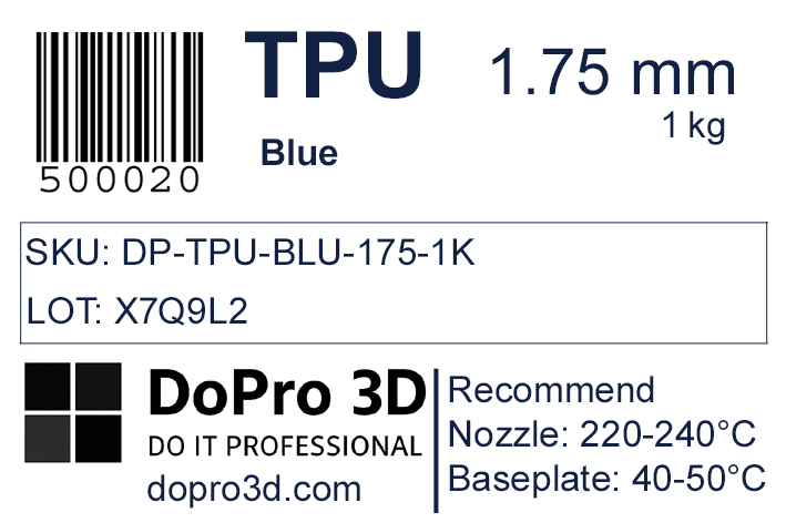 Technisches Typenschild / Label zu DoPro TPU 95A Ocean Blue – Nexyl Class – 1,75 mm – 1,0 kg