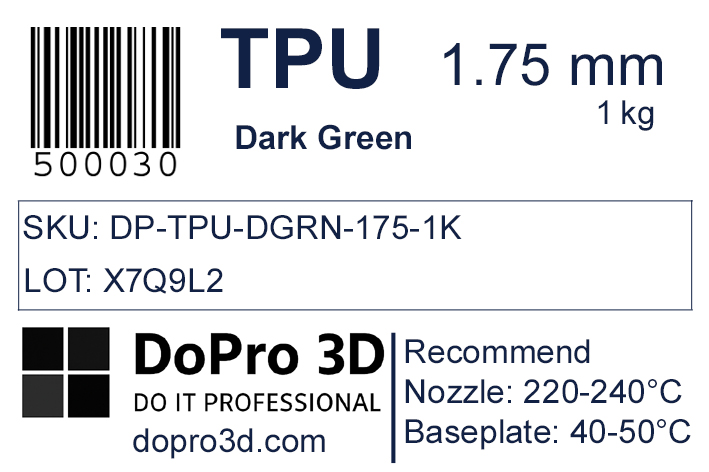 Technisches Typenschild / Label zu DoPro TPU 95A Forest Dark Green – Nexyl Class – 1,75 mm – 1,0 kg