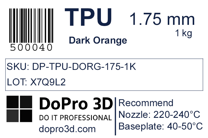 Technisches Typenschild / Label zu DoPro TPU 95A Burnt Dark Orange – Nexyl Class – 1,75 mm – 1,0 kg