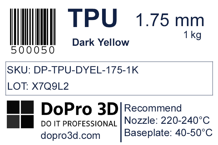 Technisches Typenschild / Label zu DoPro TPU 95A Amber Dark Yellow – Nexyl Class – 1,75 mm – 1,0 kg